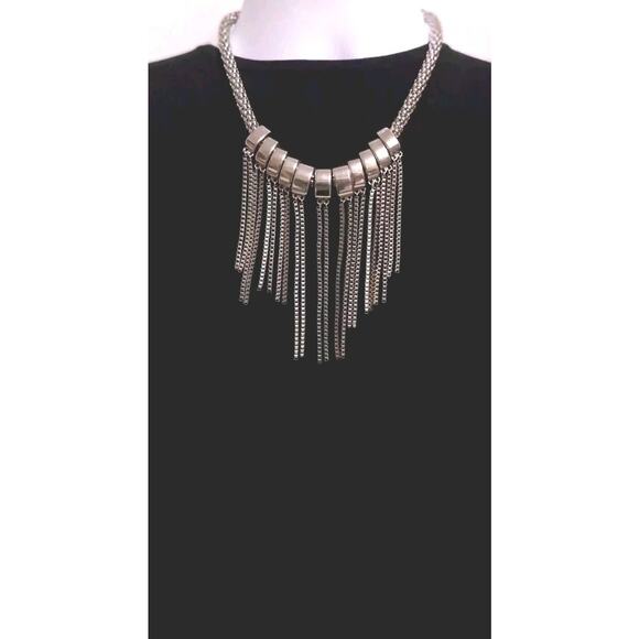Erica Lyons Necklace Chunky Steampunk Silvertone Removable Metal Ring Tassles - Picture 2 of 8